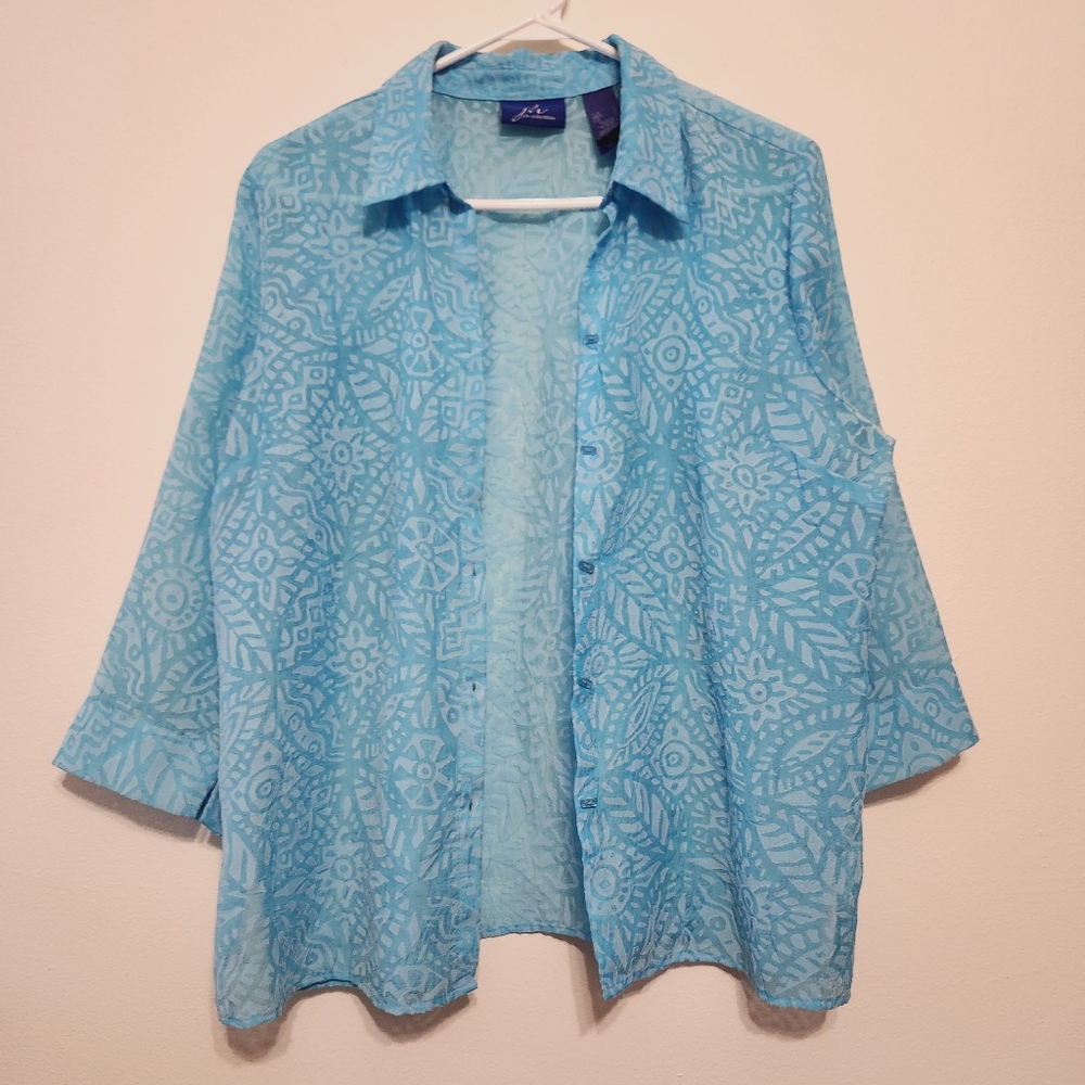 Blue Sheer Long Sleeve Button Down Top